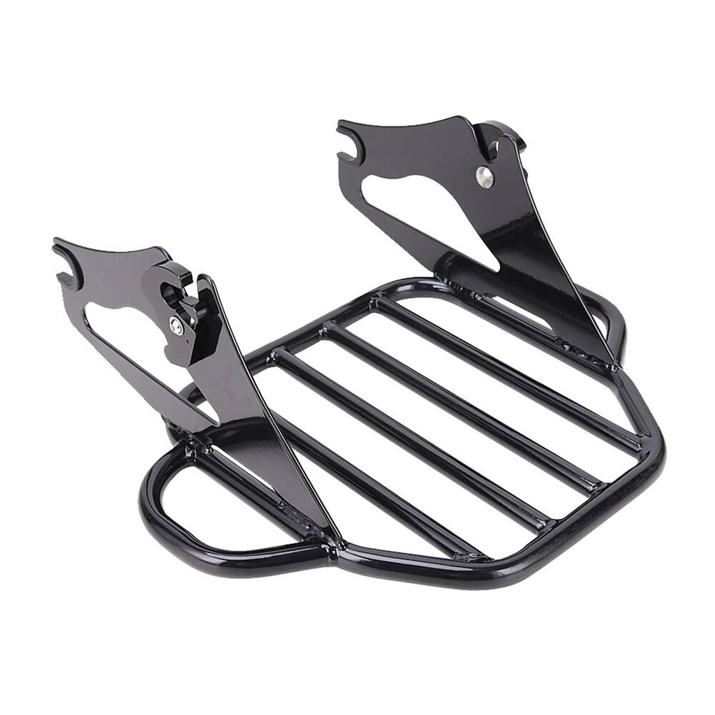 Black steel sissy bar with attached luggage rack and two mounting brackets