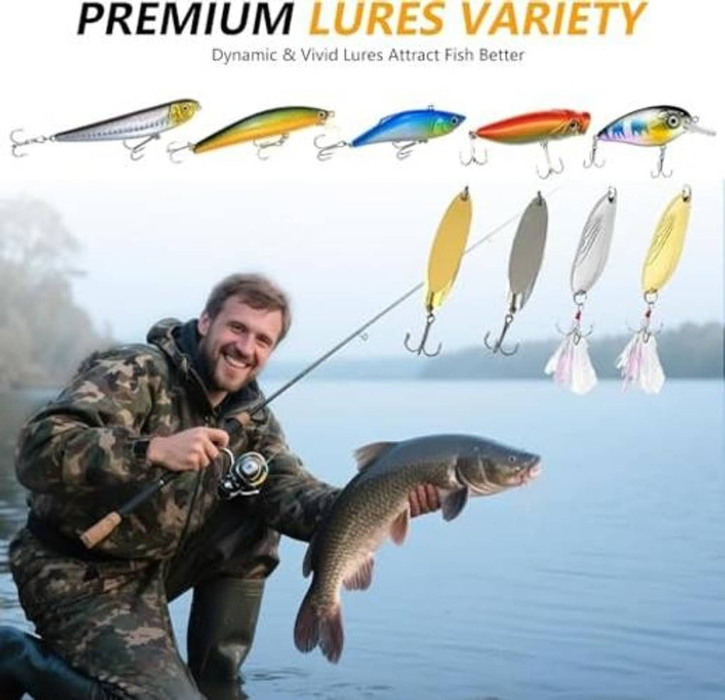 Fishing lure set featuring multiple multicolor crankbaits and spinner lures