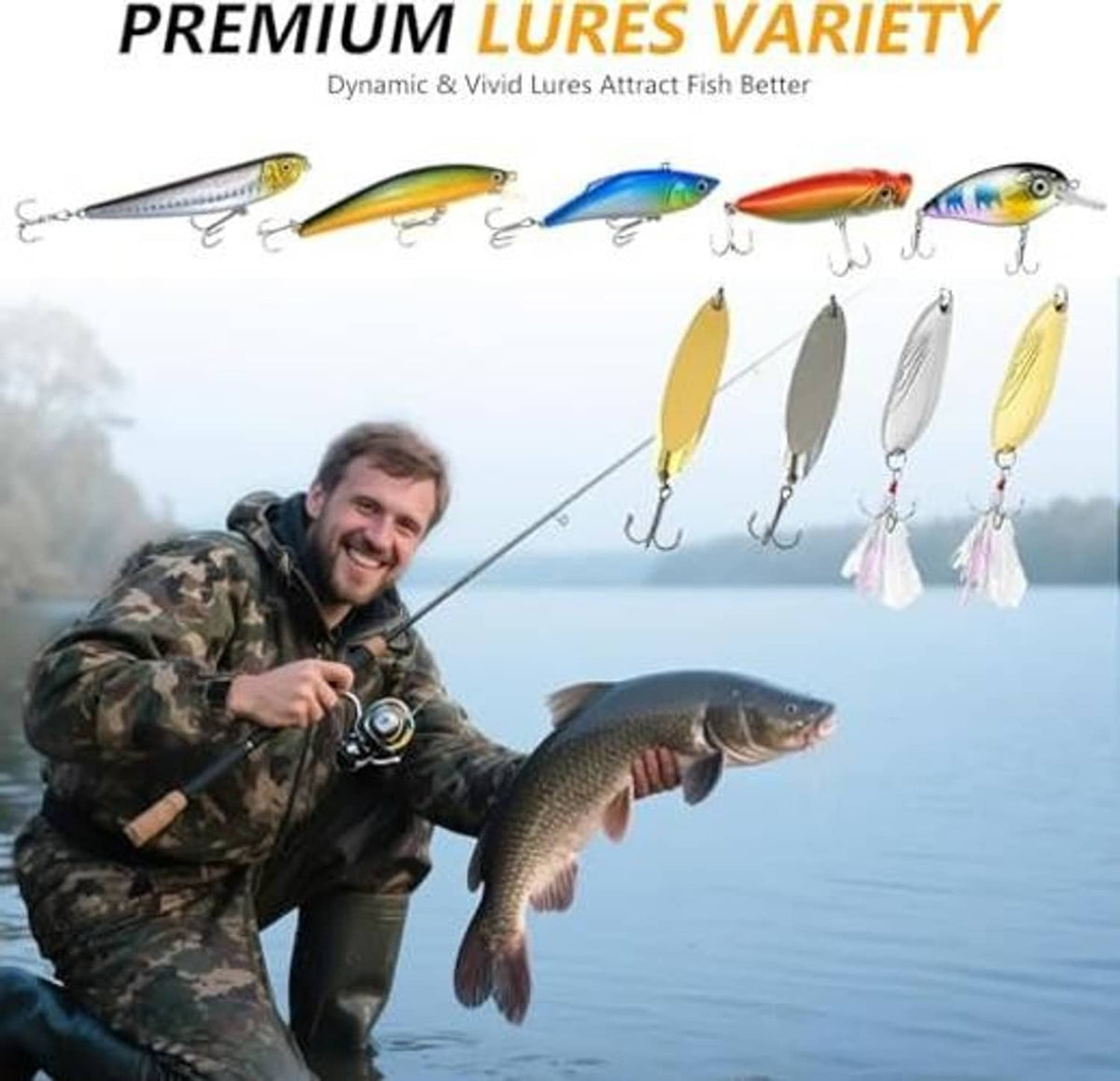 Fishing lure set featuring multiple multicolor crankbaits and spinner lures
