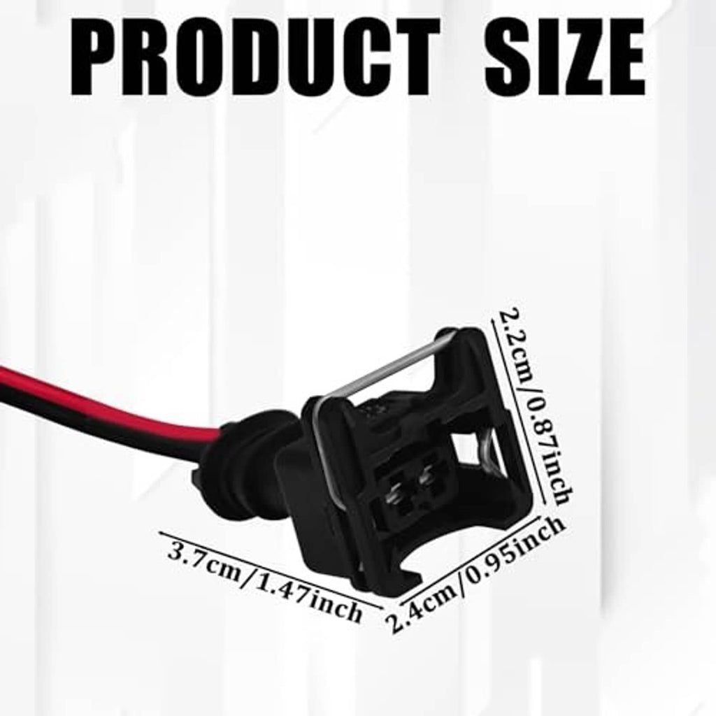 Fuel injector connector with red/black wires and black plug, product size shown