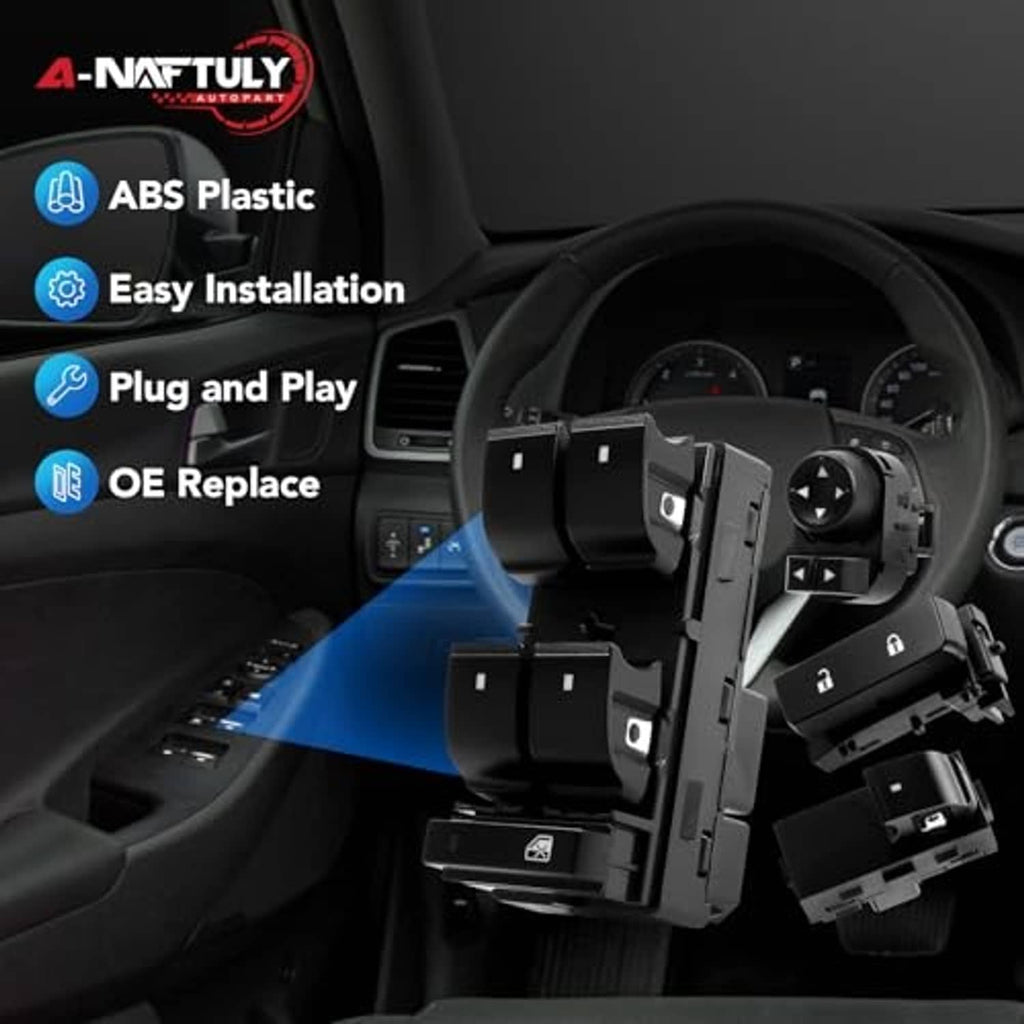 Power window switch set shown near vehicle dashboard controls, black plastic.