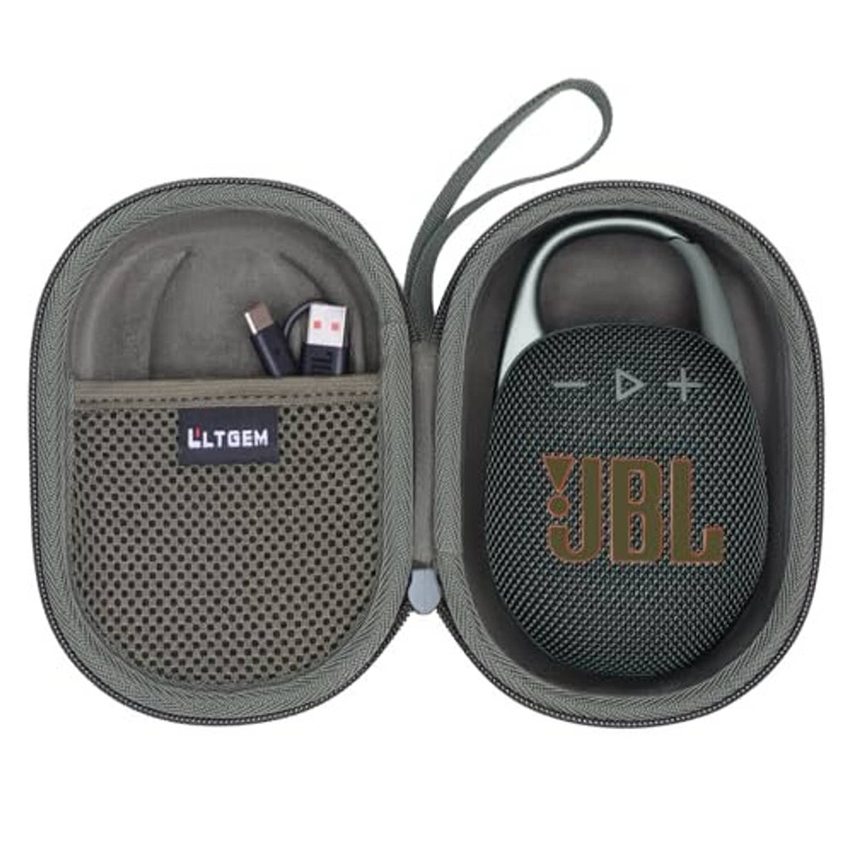 Camo zipper speaker case with carrying loop and gray inner lining, fits JBL Clip 5/4