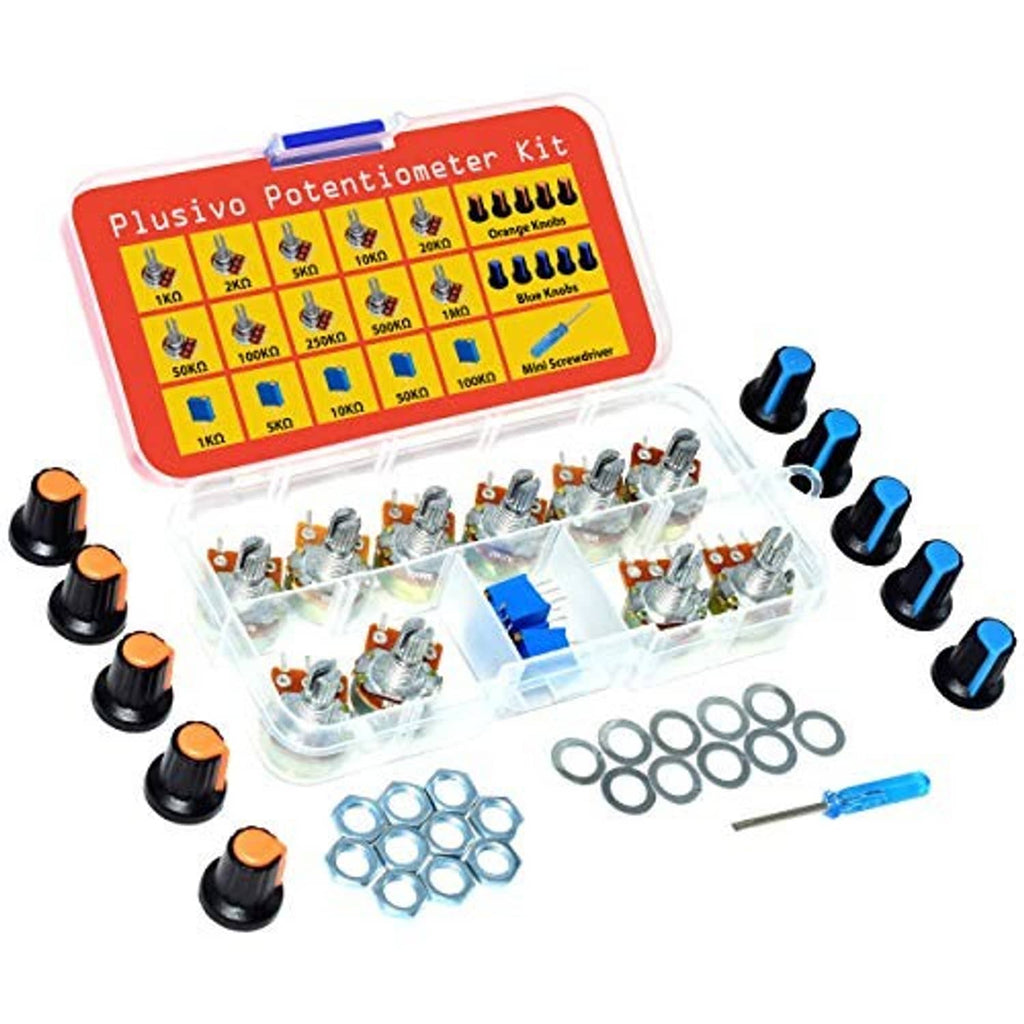 Potentiometer assortment kit with knobs, metal washers, and clear storage case in one set