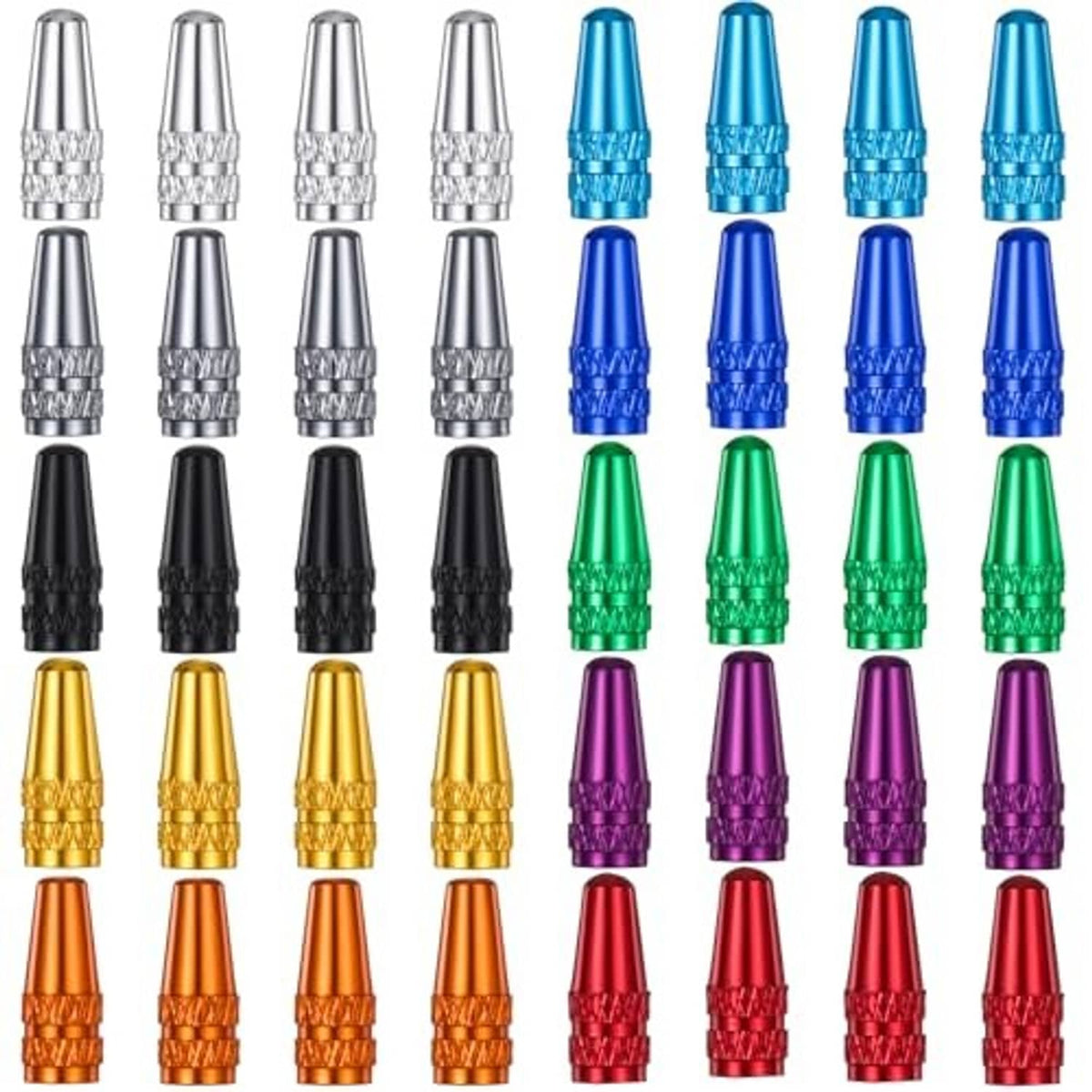 Aluminum Presta valve caps in silver, blue, green, black, gold, purple, and red lineup