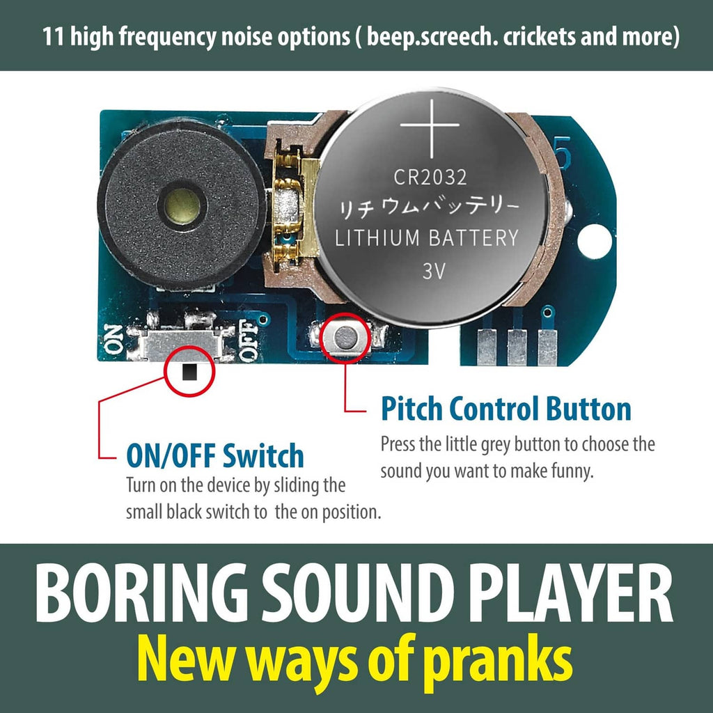 Close-up of blue prank noise maker board with speaker, CR2032 battery, control switch