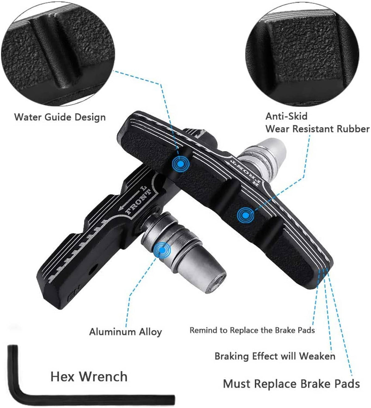 Black V-brake brake pads with textured rubber and metal backing