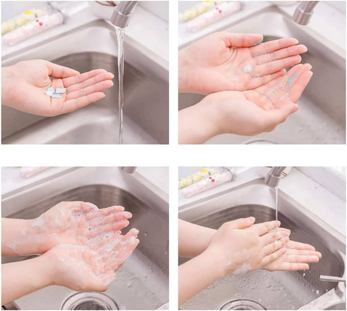 Disposable soap confetti for handwashing, lathered hands under running water