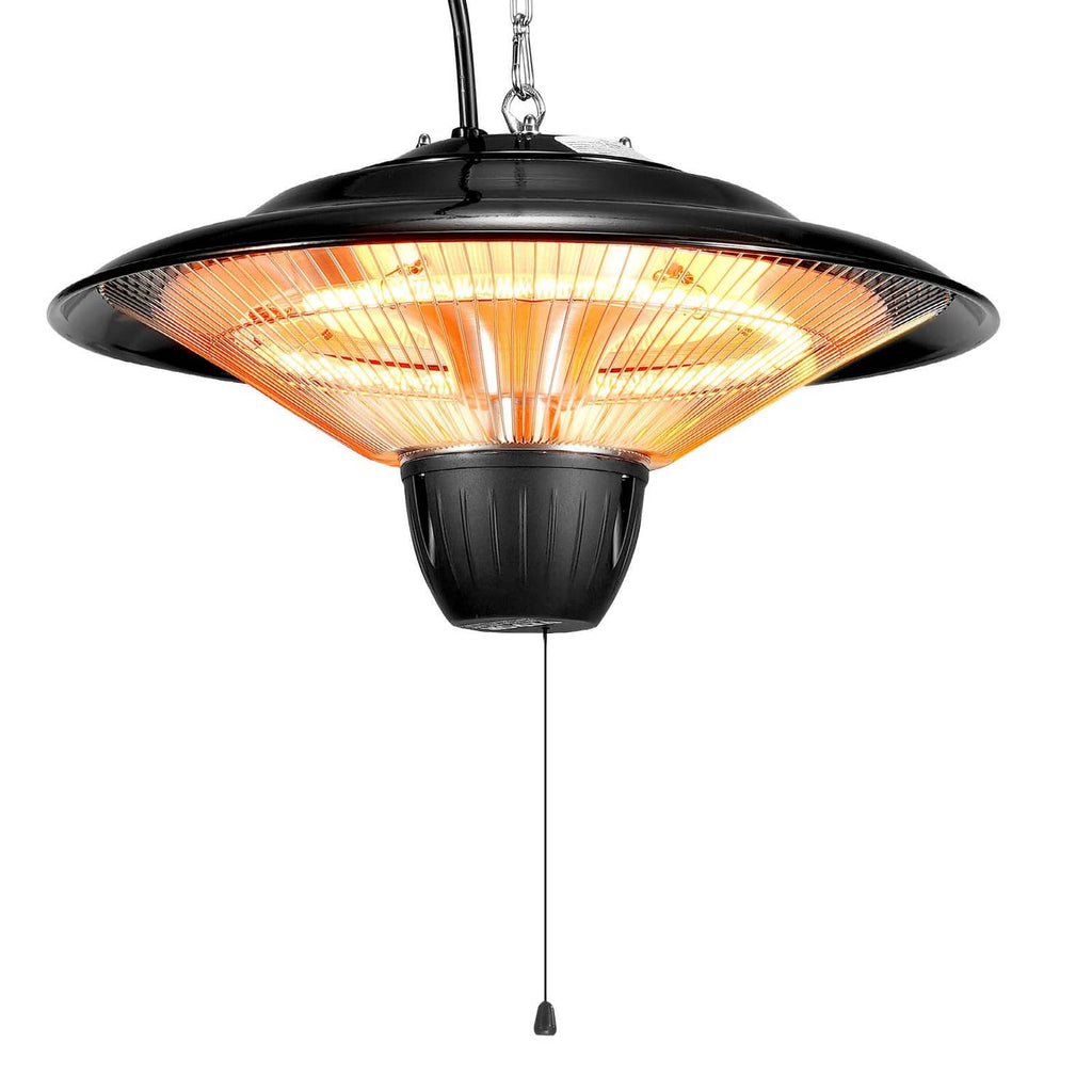 Hanging infrared patio heater with lit orange heating element in black housing