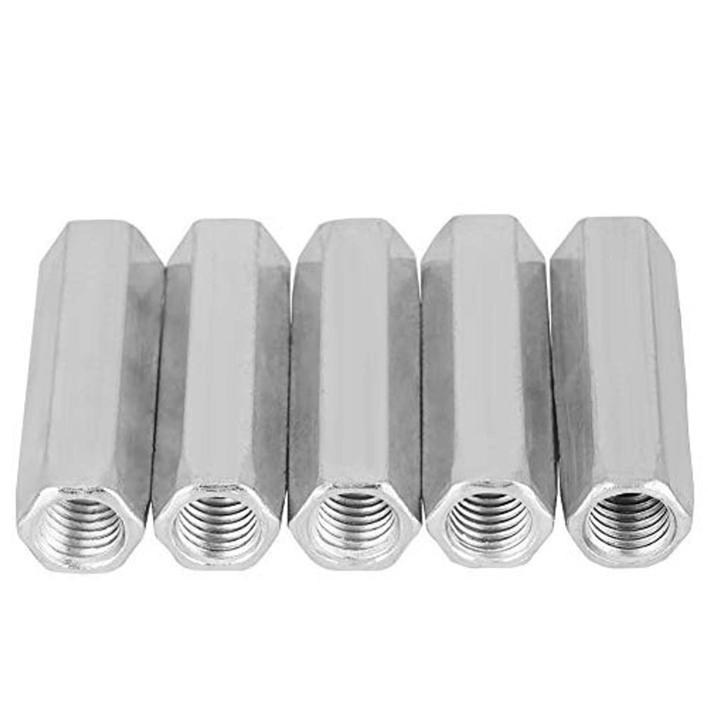 Set of 5 long rod hex coupling nuts, silver zinc-plated, with internal threads