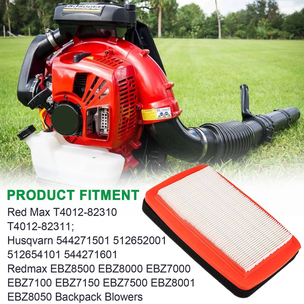 Air filter on a gas blower: red frame with white pleated paper media