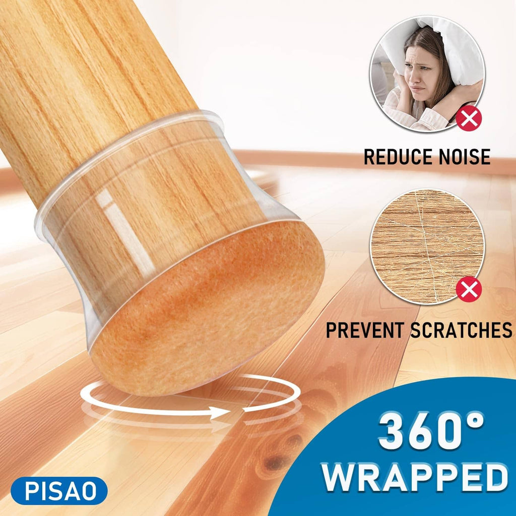 Clear round sleeve-style furniture leg protector over light wood leg to prevent scratches