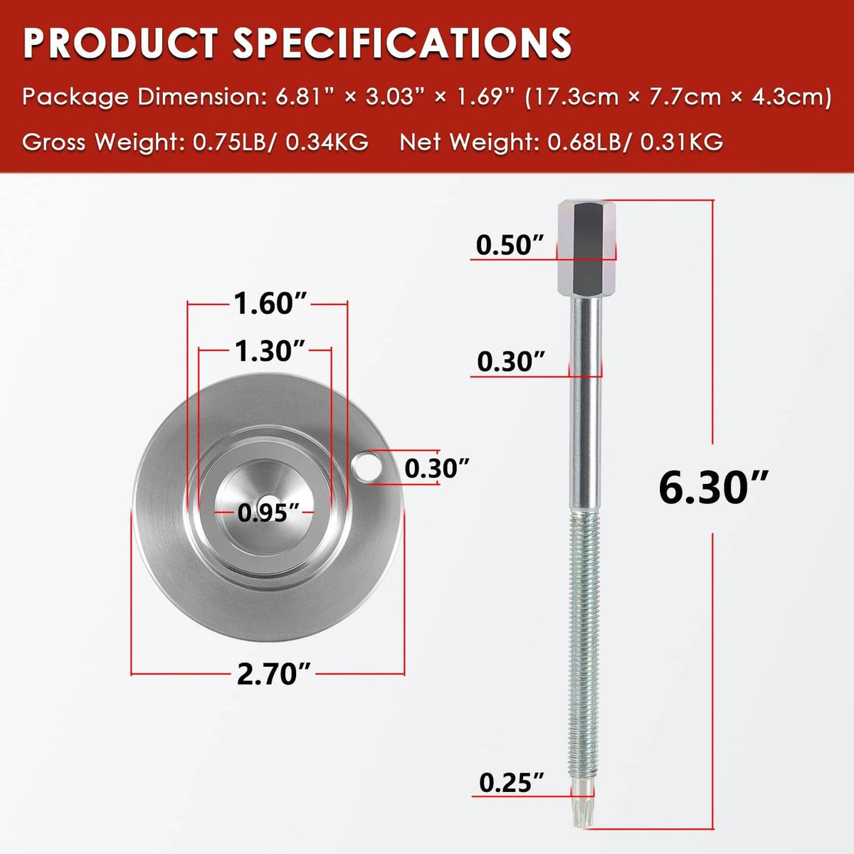 Clutch belt removal tool with round pulley and long threaded rod shown with size lines