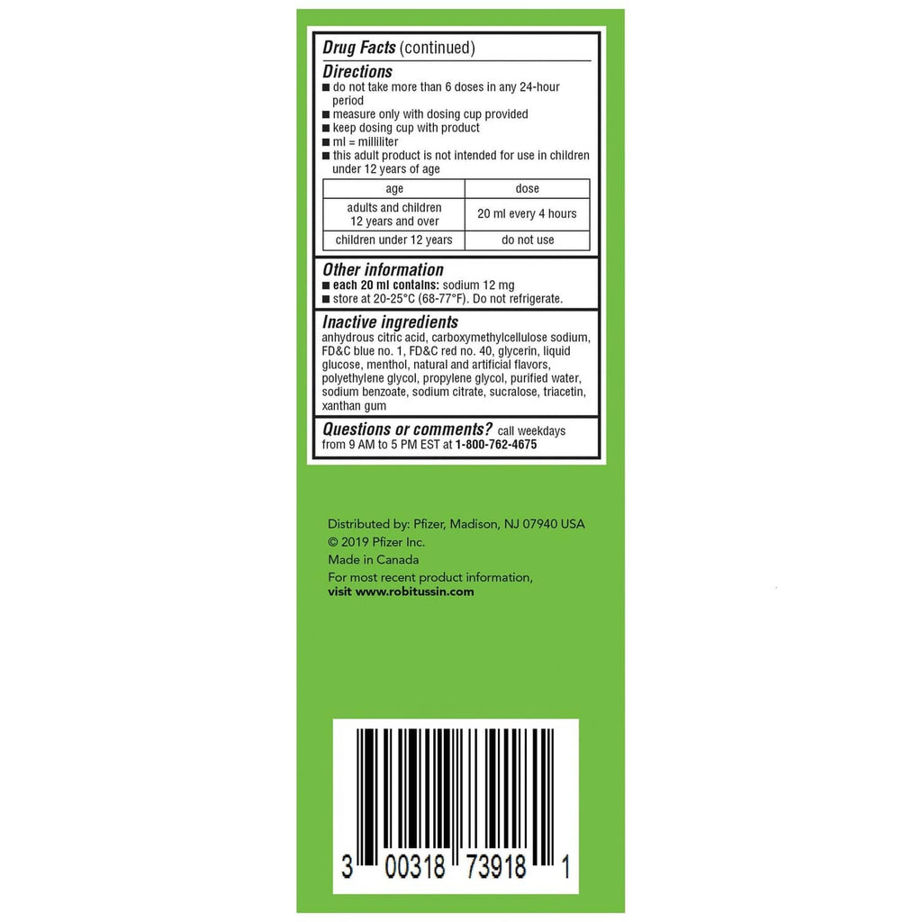 Robitussin drug facts continued directions and warnings panel