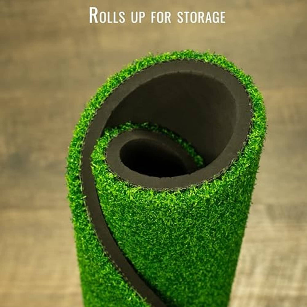 Rolled green synthetic grass mat with black foam core for storage