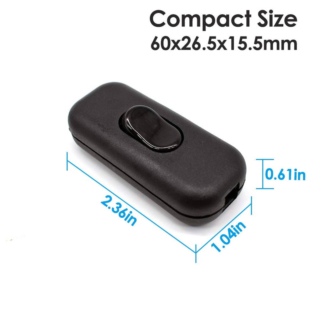 Compact inline cord on-off switch in dark housing with oval push button