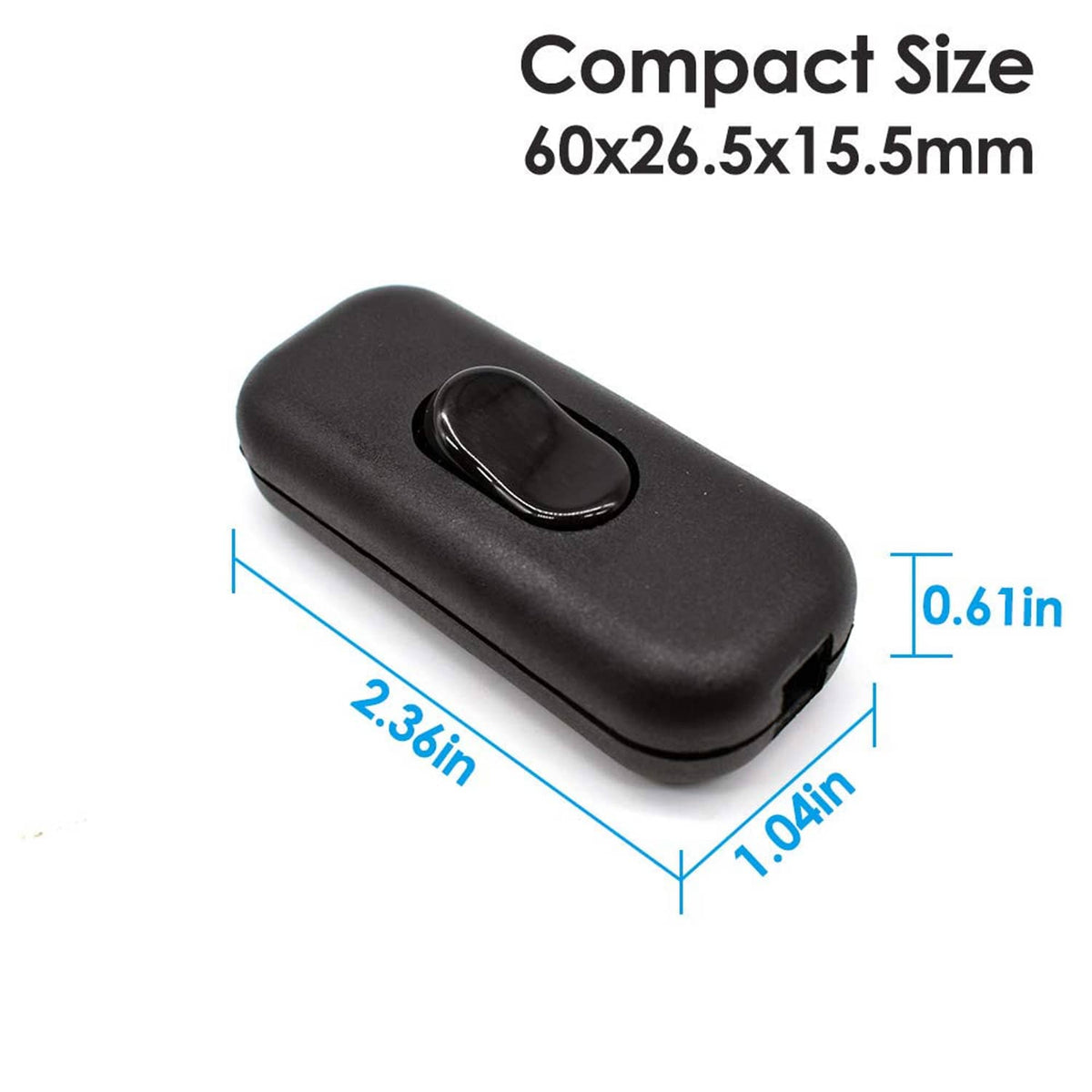 Compact inline cord on-off switch in dark housing with oval push button