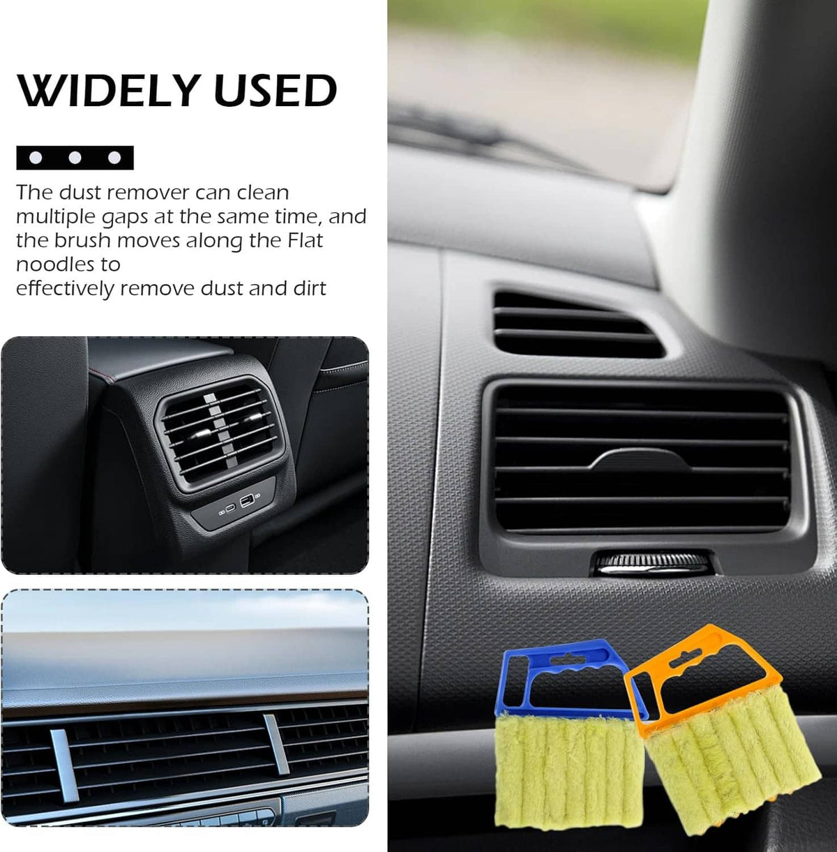Microfiber duster brushes with lime green cloth heads and blue/orange frames for vents