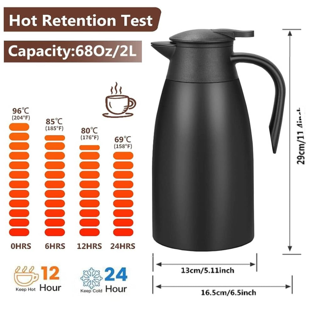 Black insulated coffee carafe with handle and spout, 2L capacity diagram