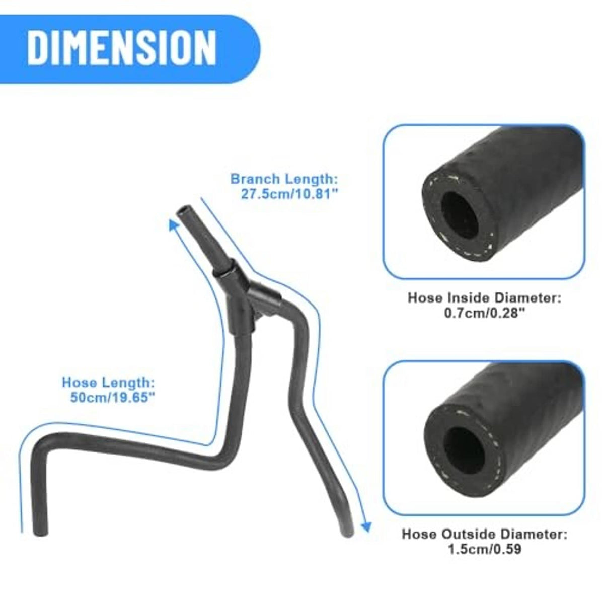 Upper radiator inlet hose with two round ends and molded black connector