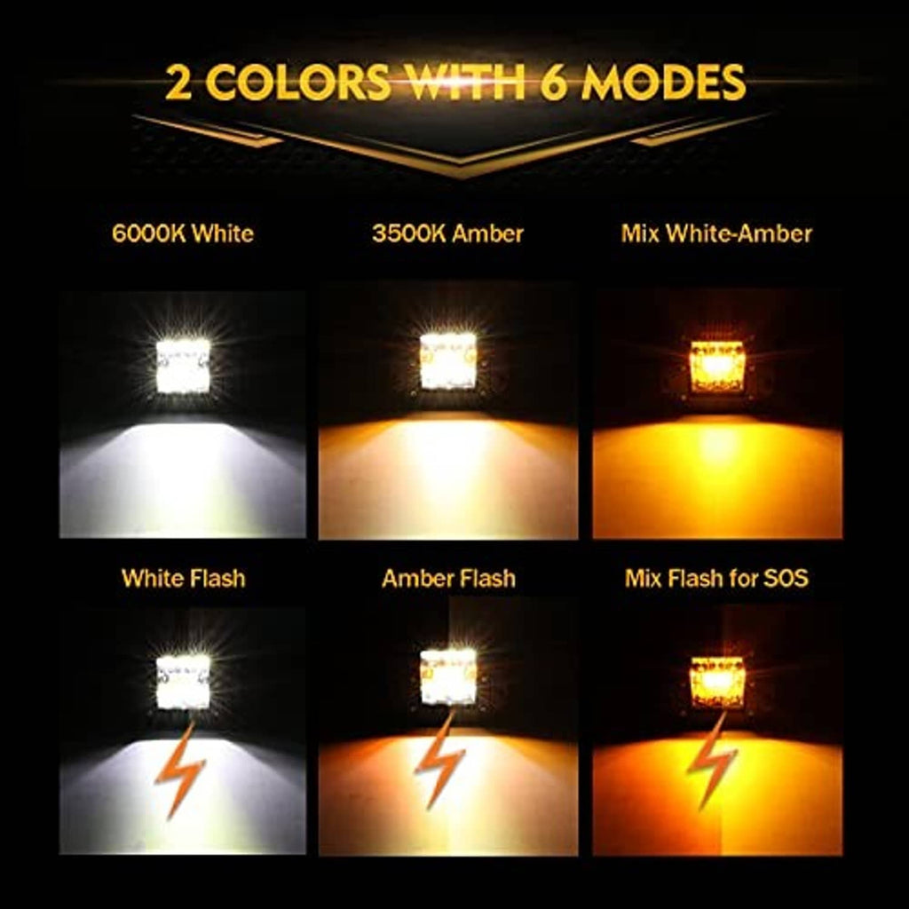LED pod light modes showing 6000K white and 3500K amber flash patterns