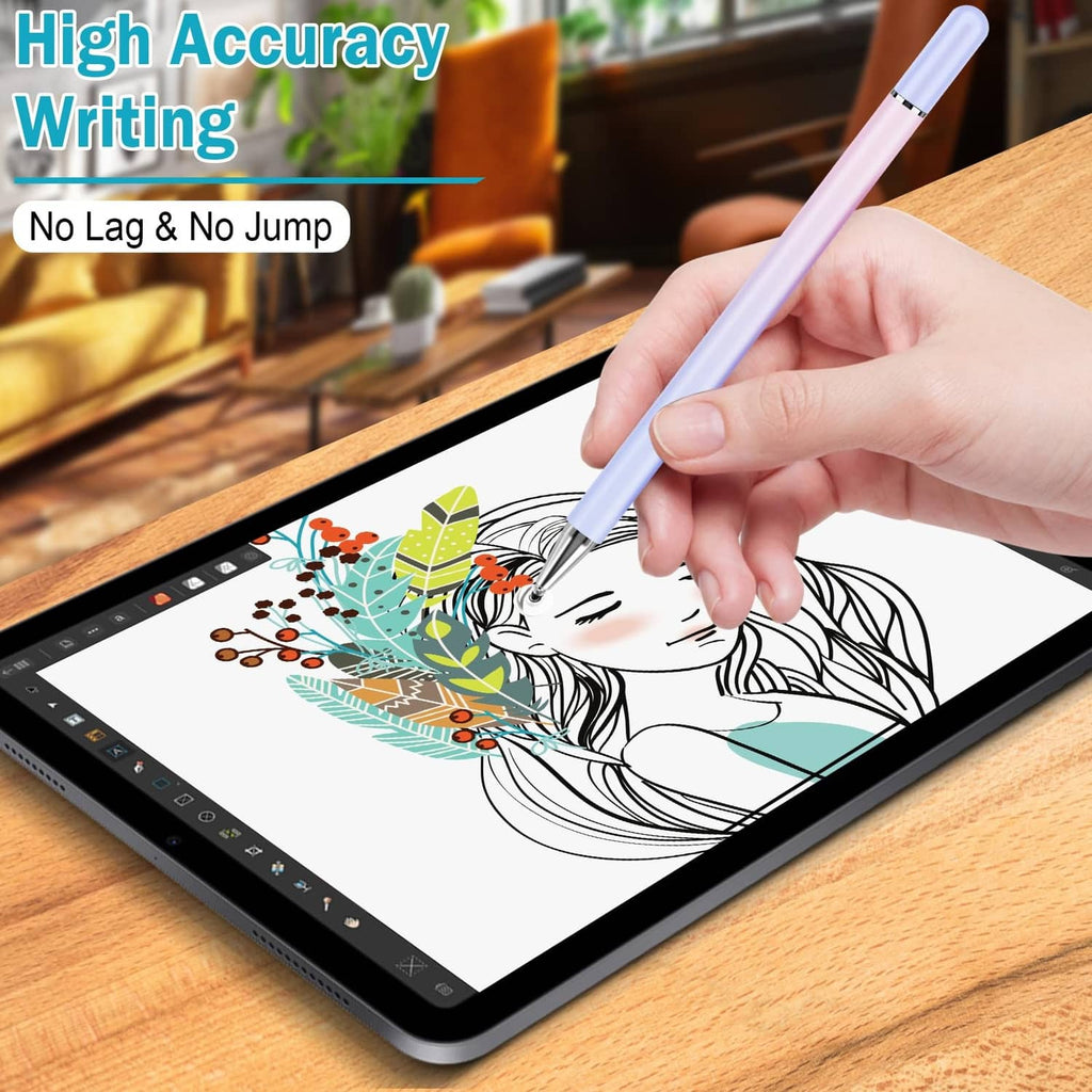 Hand using a light purple touch screen stylus pen to draw on a tablet