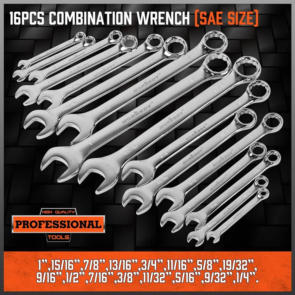 Chrome combination wrenches, 16-piece set with open ends and box ends