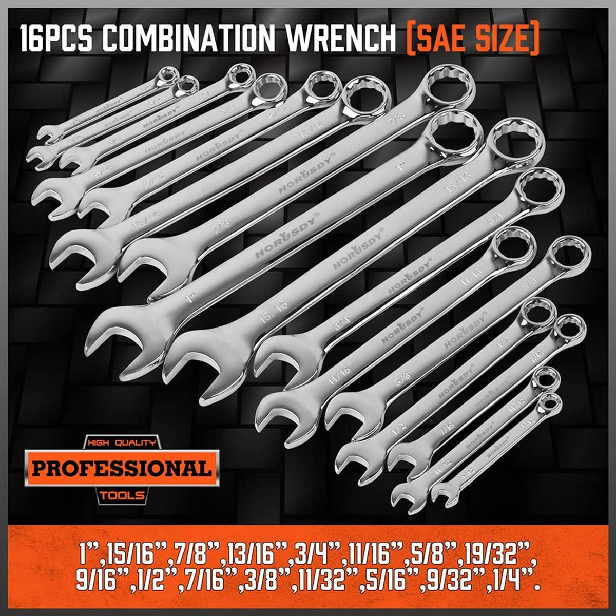 Chrome combination wrenches, 16-piece set with open ends and box ends