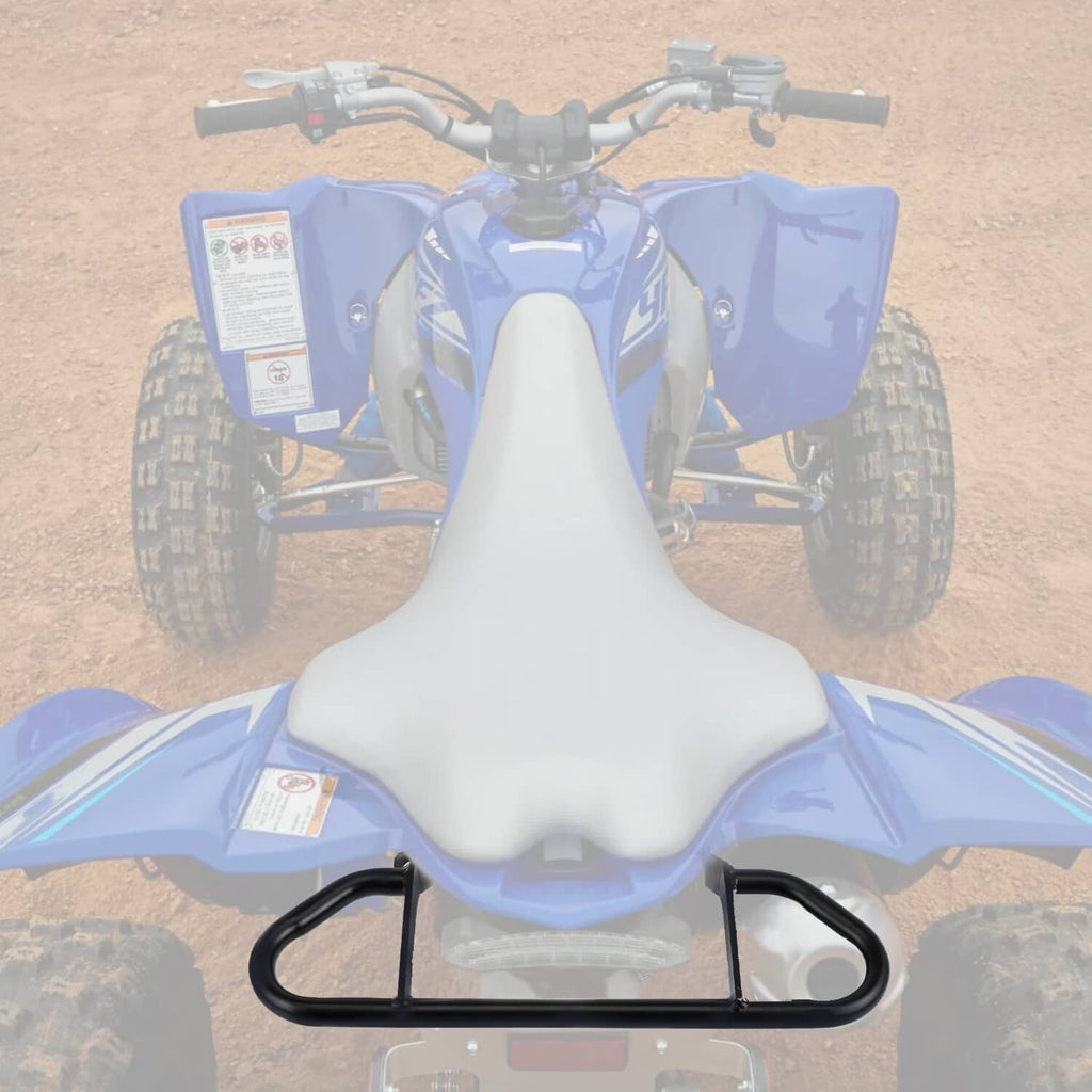 Black rear bumper rack with grab bar mounted on a blue ATV