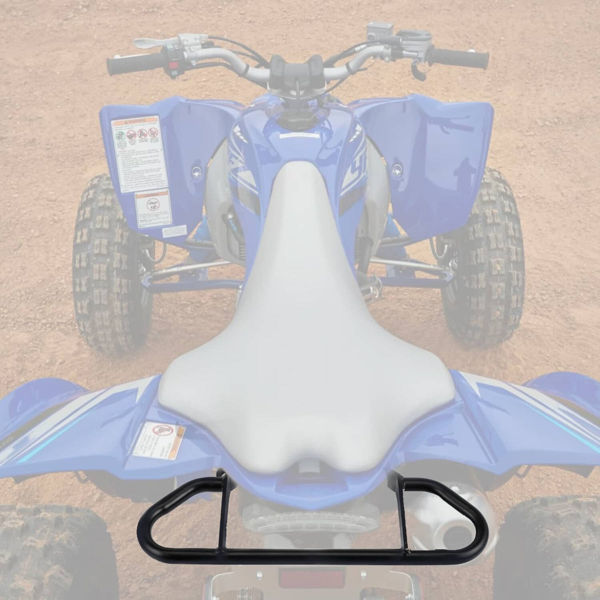 Black rear bumper rack with grab bar mounted on a blue ATV
