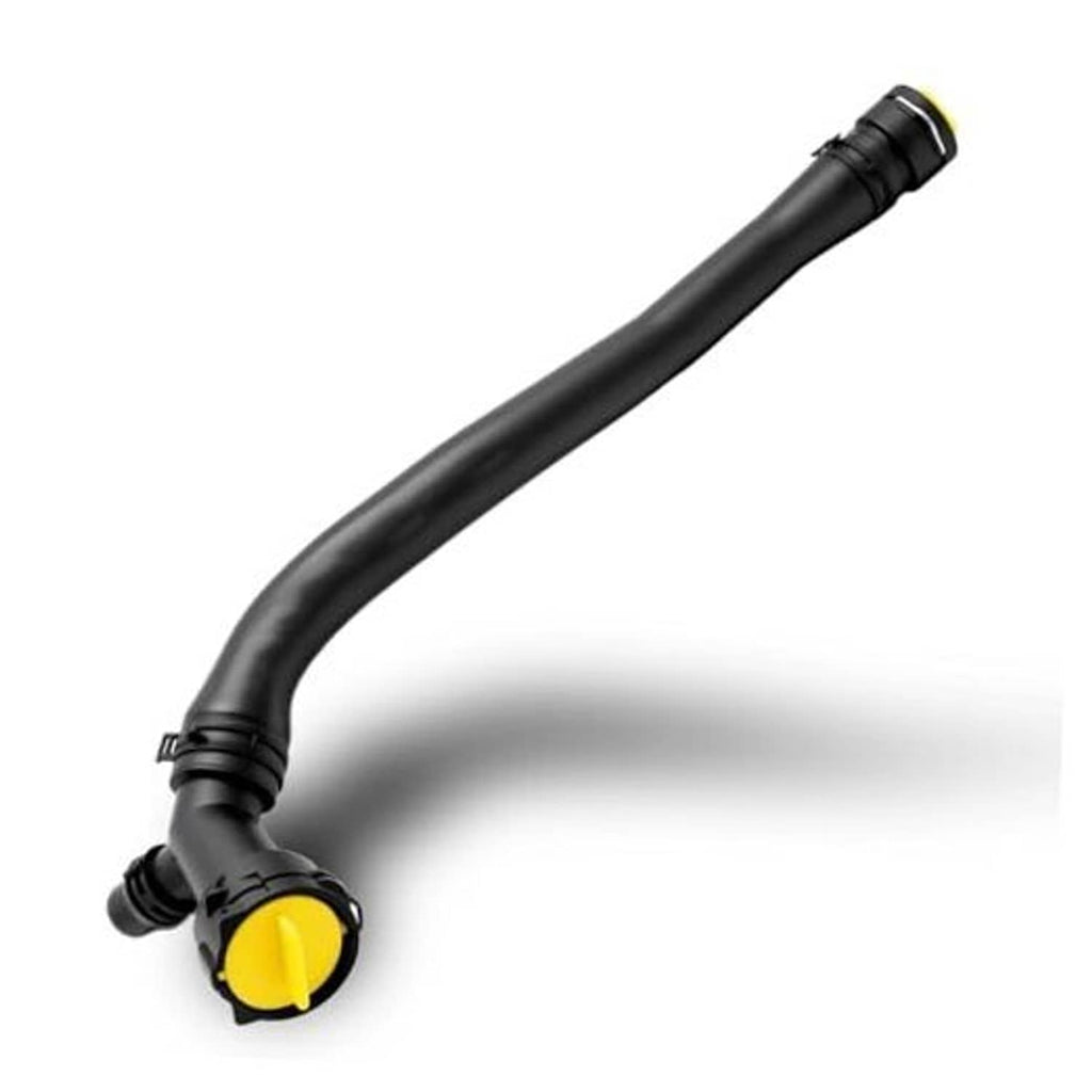 Black upper radiator coolant hose with yellow cap, curved pipe and molded connectors