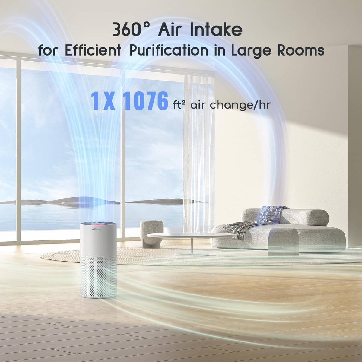 White cylindrical air purifier with perforated sides and blue LED top