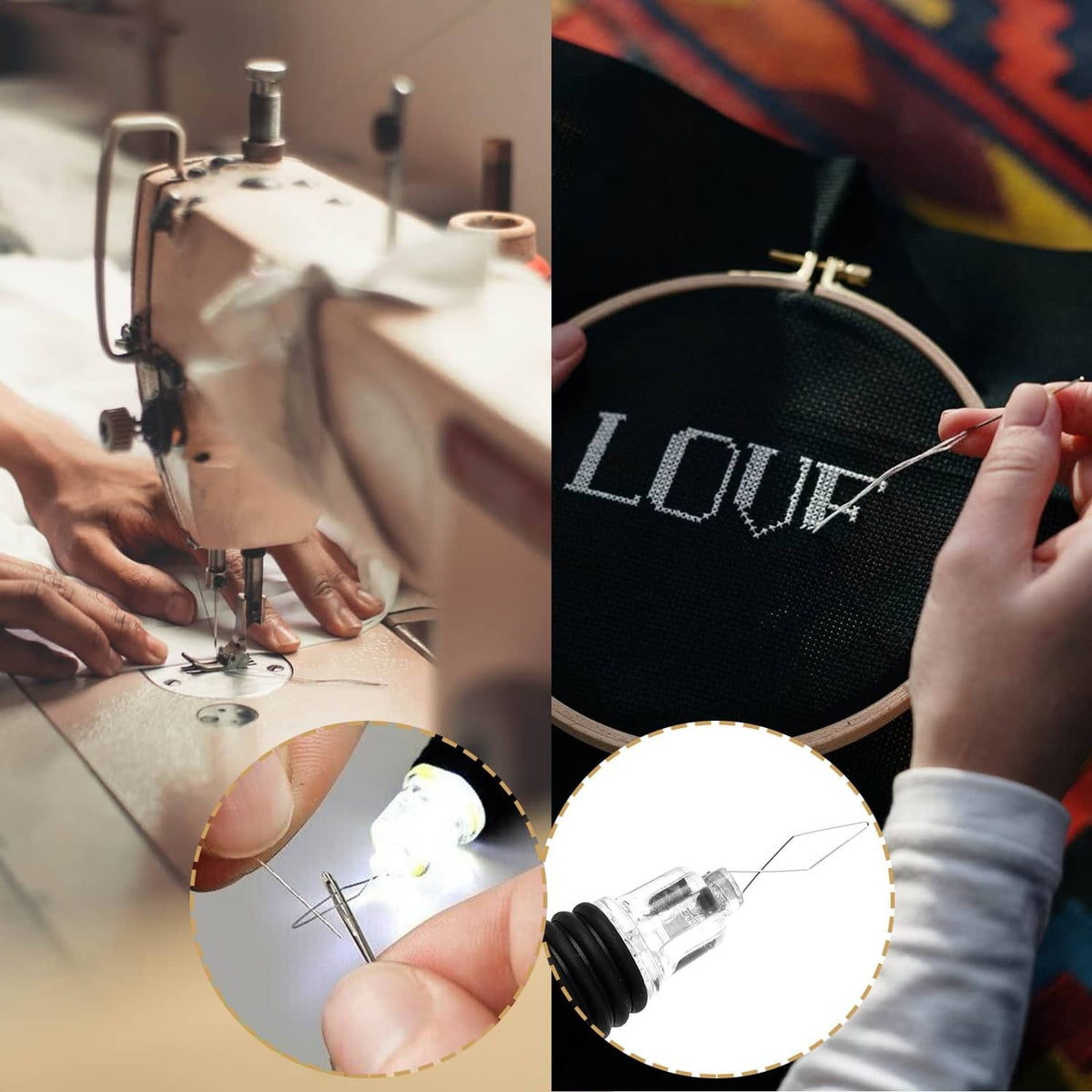 Yellow LED needle threader held near fabric in sewing/embroidery, clear illuminated tip