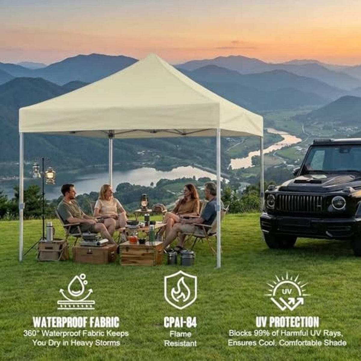 Beige canopy top shelter with peaked roof and four support posts