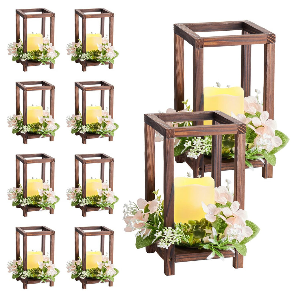 Brown wooden lantern set with LED candles and champagne floral wreath decor