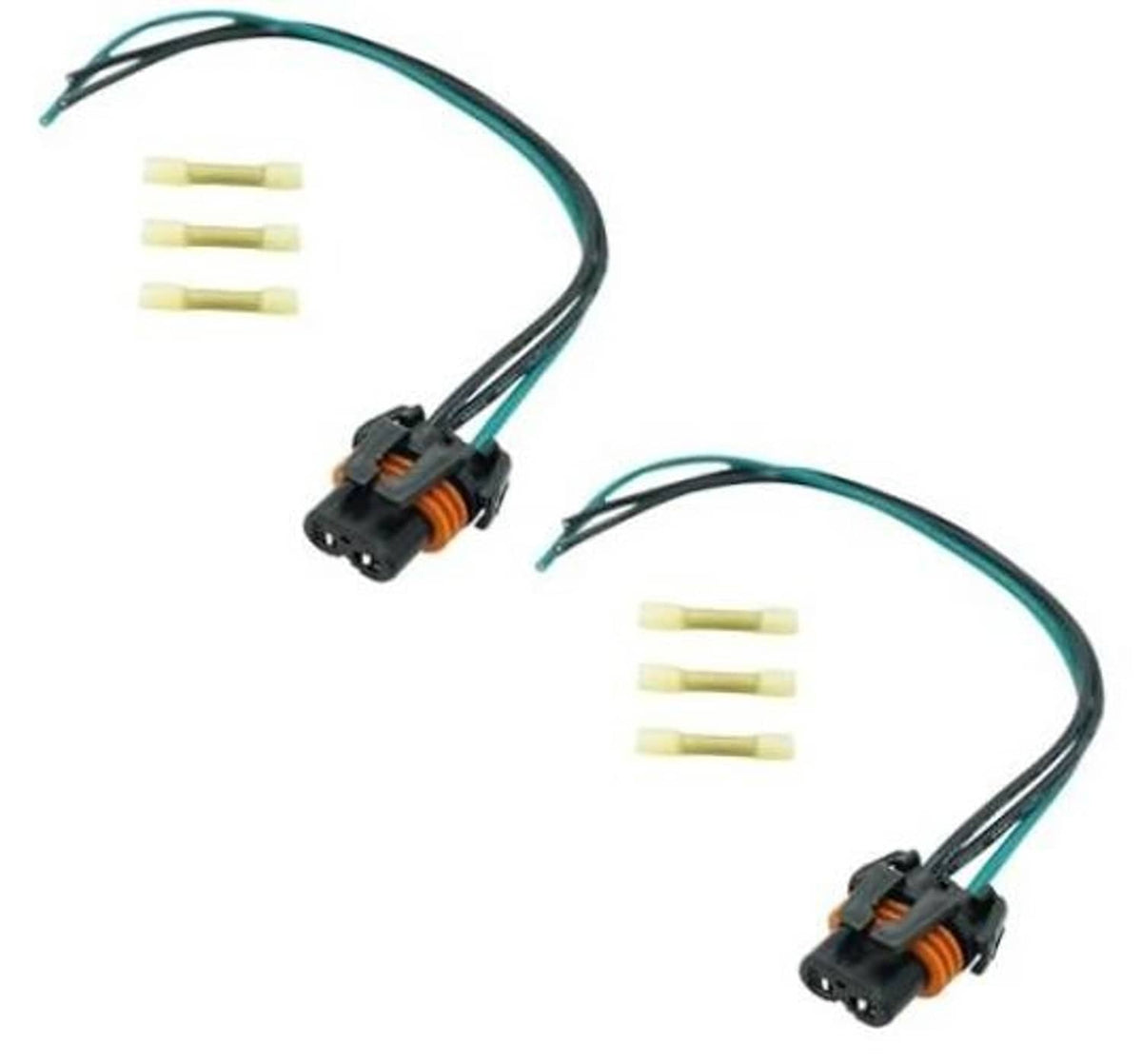 2-pin halogen headlight wiring harness with two green/black wires and plastic connectors