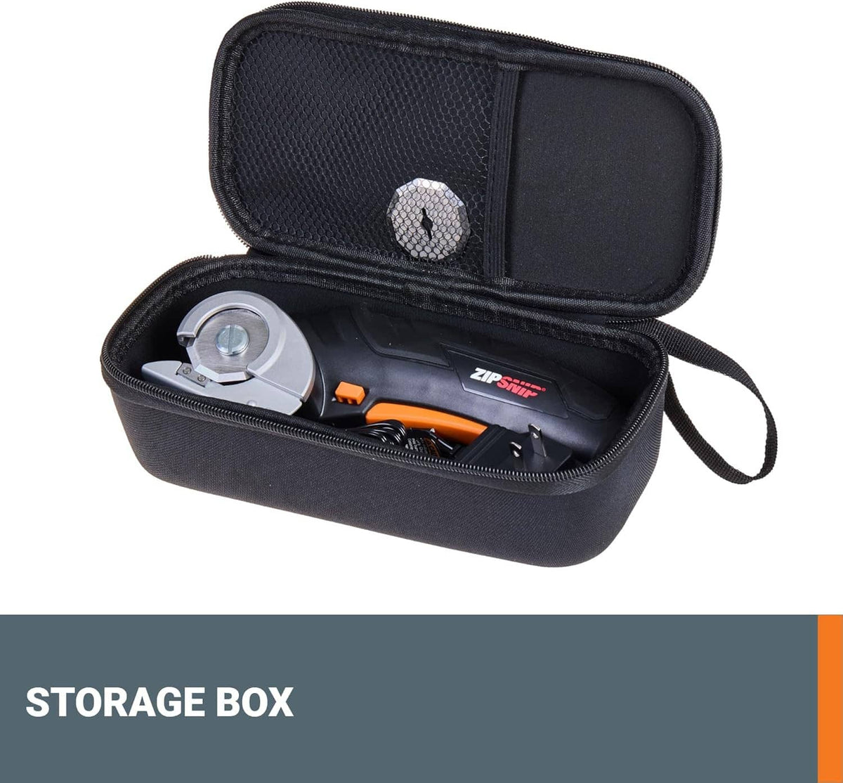 Black zippered storage case holding a cordless electric cutting tool and extra blade
