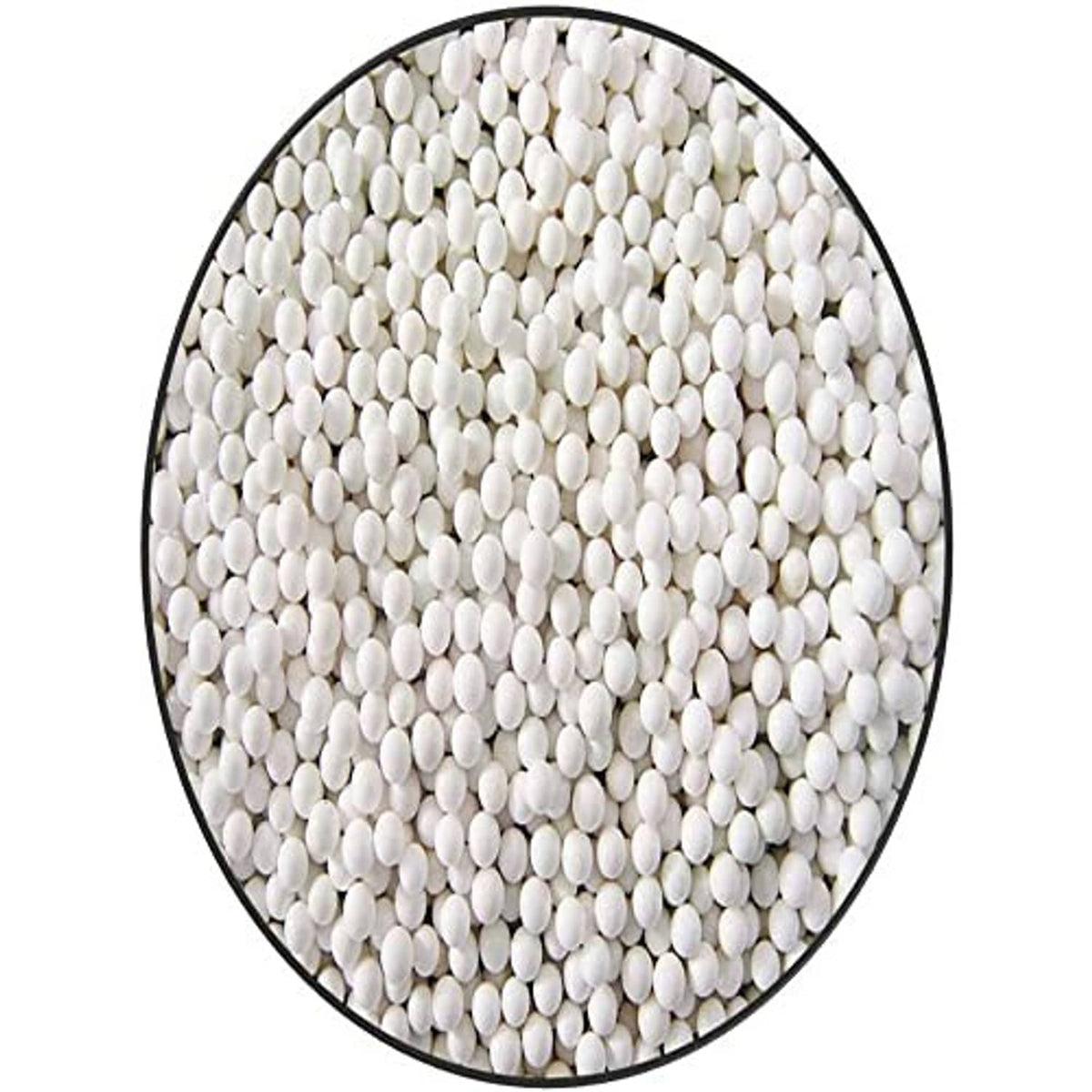 White ceramic tire balancing beads shown in a circular container