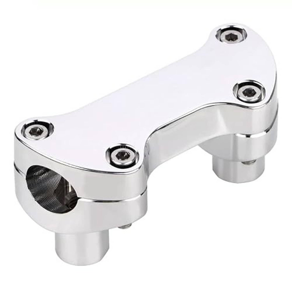 Chrome motorcycle handlebar riser clamp with side cutouts and threaded mounting holes