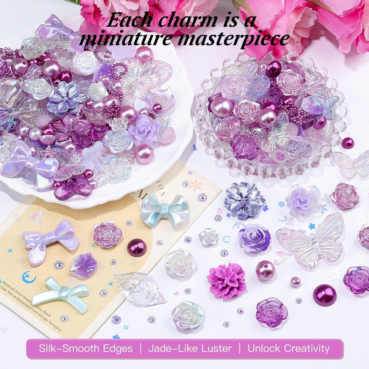 Assorted pastel resin charms in pink, lavender, and blue with flowers, butterflies, and bows
