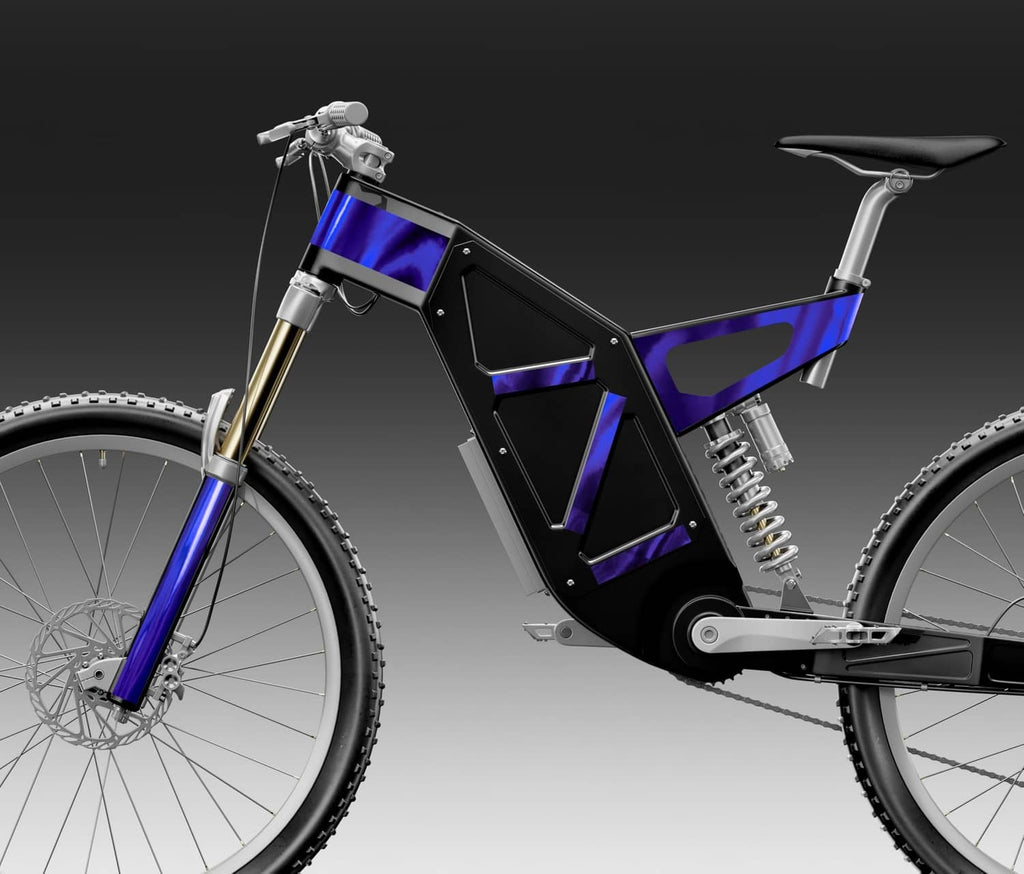 Blue holographic pinstripes on black bicycle frame, reflective stripes on tubes
