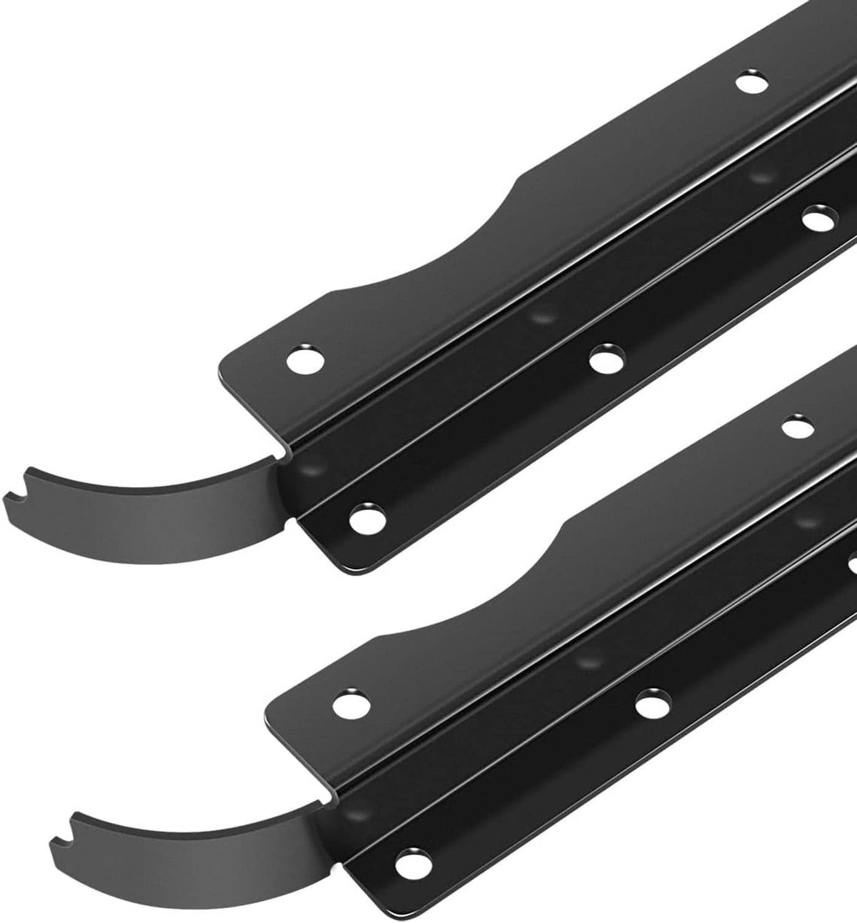 Black flush-mount bracket close-up with curved end caps and mounting holes