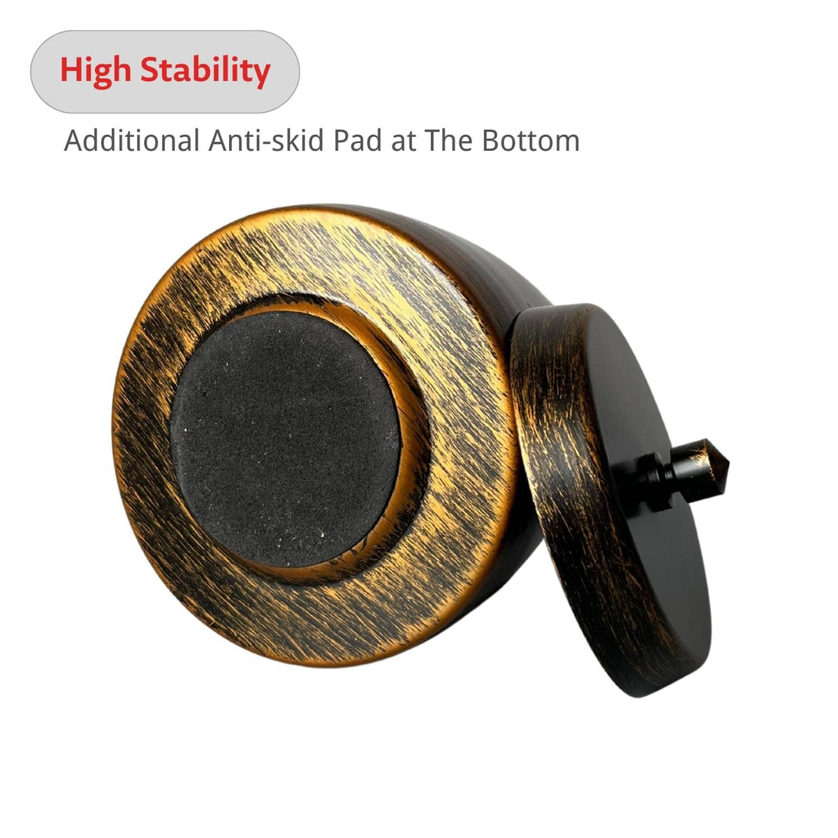Bronze lidded ash tray with anti-skid base pad and side-mounted lid