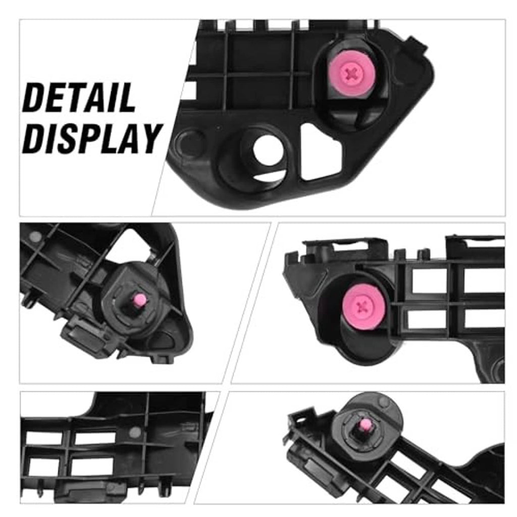 Black plastic front bumper bracket retainer detail with pink fastener and circular mounting hole