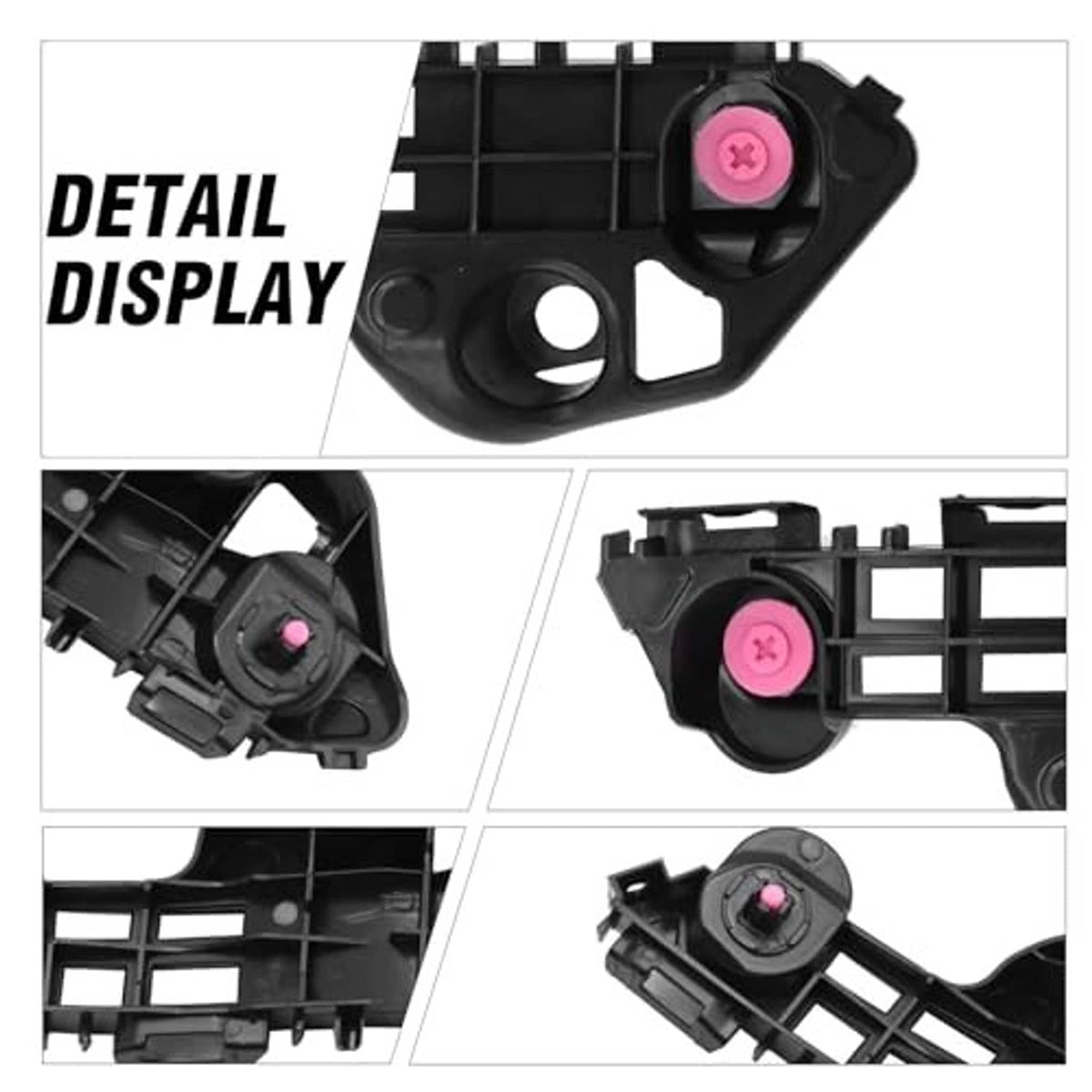 Black plastic front bumper bracket retainer detail with pink fastener and circular mounting hole