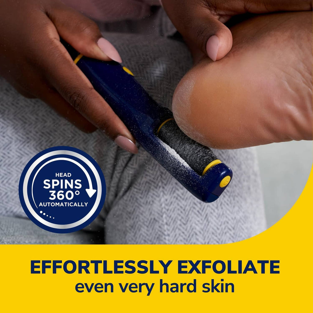 Close-up of blue electronic foot file smoothing skin on a foot with textured head