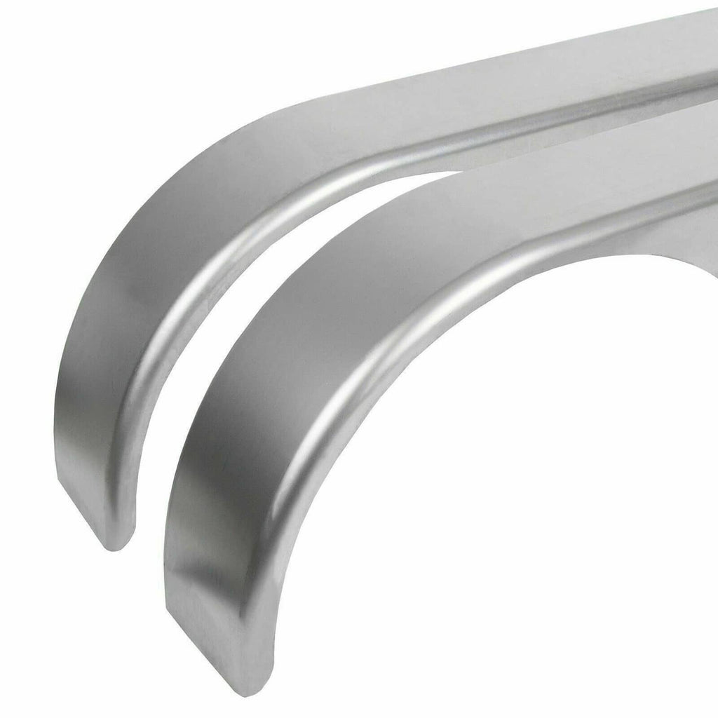 Silver metal teardrop trailer fender close-up, smooth curved edges