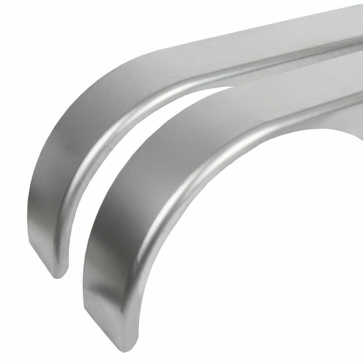 Silver metal teardrop trailer fender close-up, smooth curved edges
