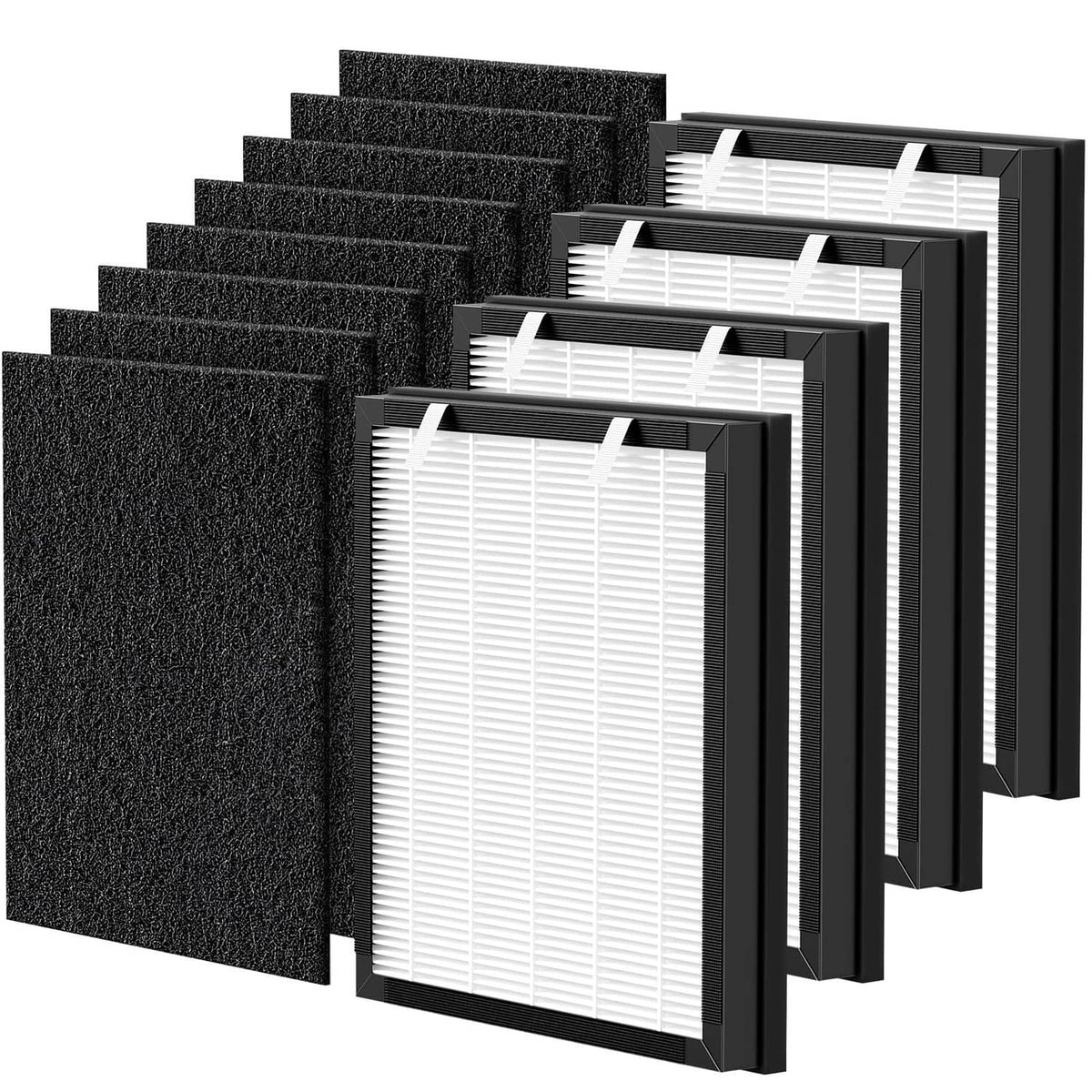 Set of replacement HEPA air purifier filters with black foam and white pleated media
