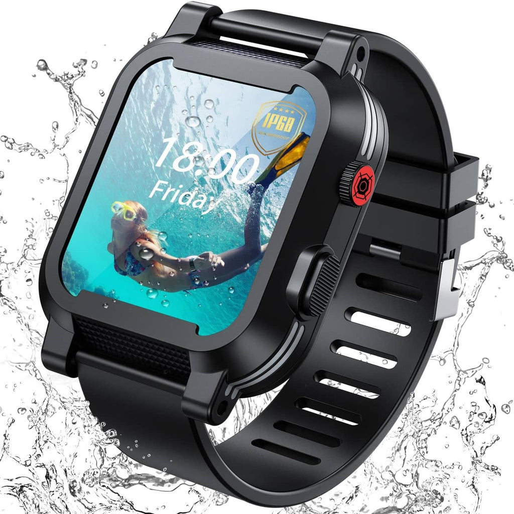 Black rugged waterproof Apple Watch case with protective bezel and perforated sport band