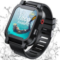 Black rugged waterproof Apple Watch case with protective bezel and perforated sport band